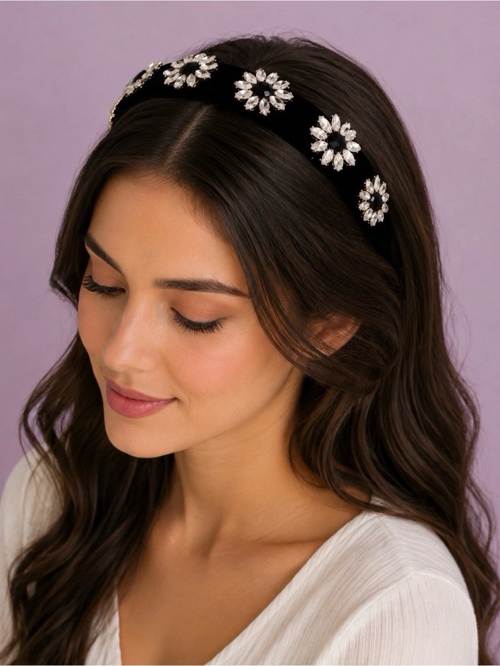 Embellished Black Velvet Headband with Crystal Flowers